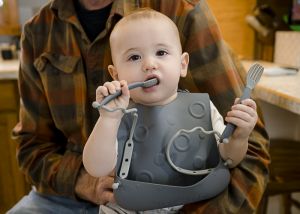 Busy Baby Bungee Bib & Utensils  Deluxe, No-Drop, On-The-Go, BLW Feed